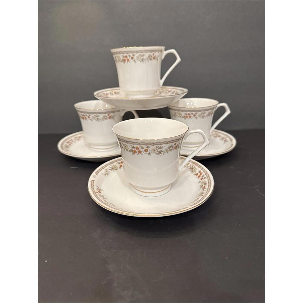 (4) Vintage Swan Floral Pattern China Cup & Saucers Orange, Yellow, White